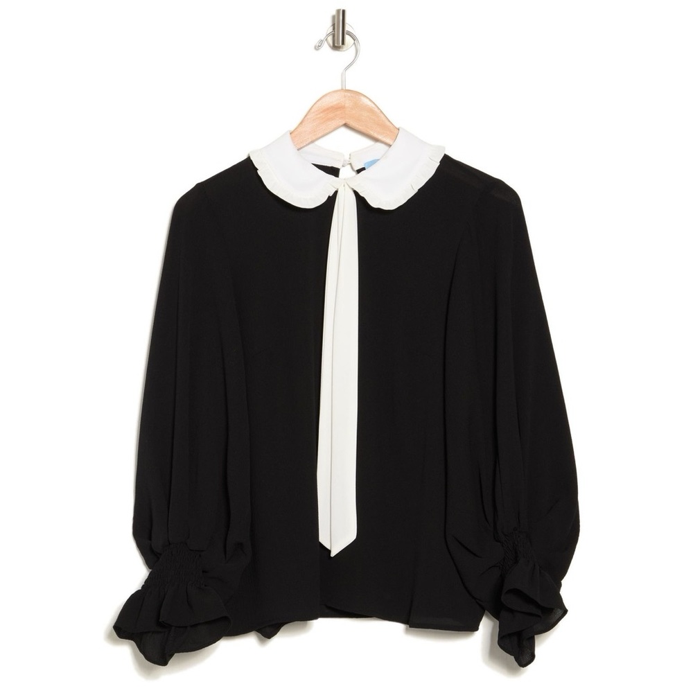 Black Blouse with White Peter Pan Collar and Tie